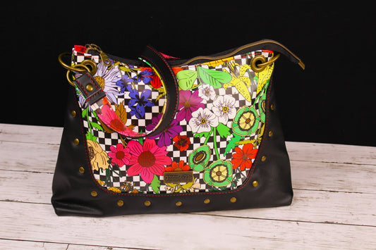 Classic Black and White with Colorful Flowers Camelia Studded Handbag