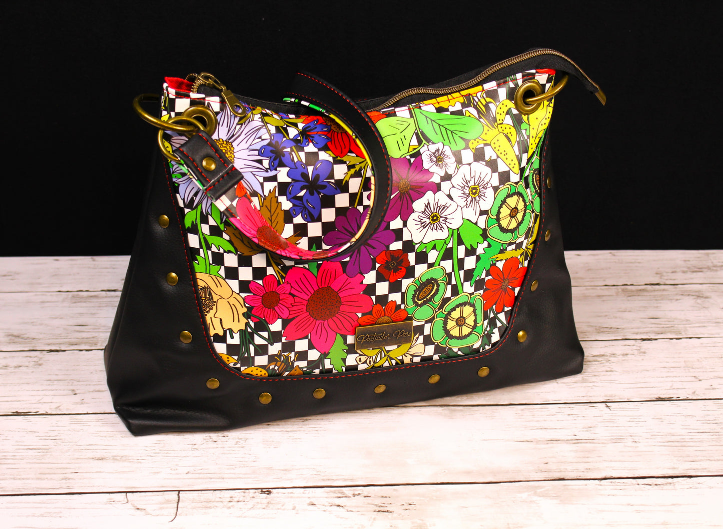 Classic Black and White with Colorful Flowers Camelia Studded Handbag