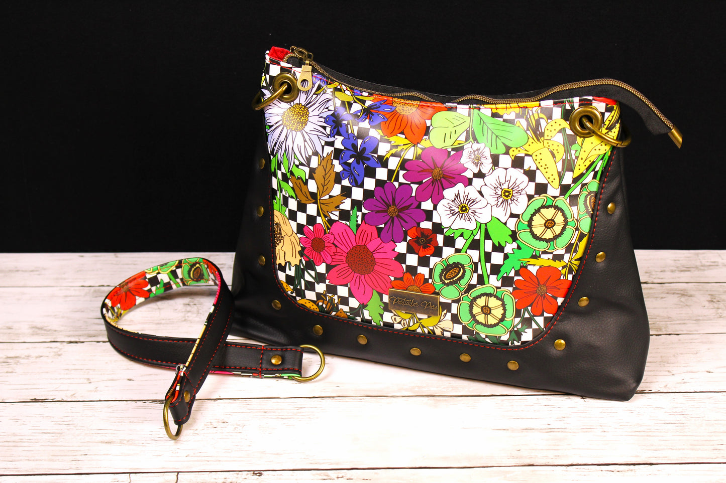 Classic Black and White with Colorful Flowers Camelia Studded Handbag