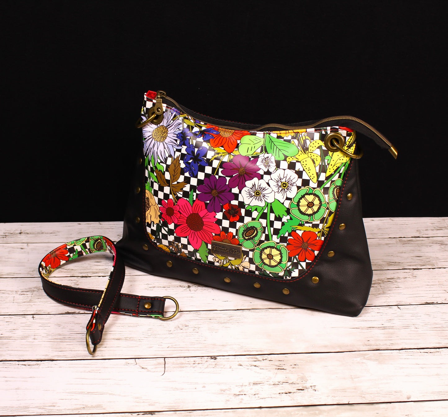 Classic Black and White with Colorful Flowers Camelia Studded Handbag