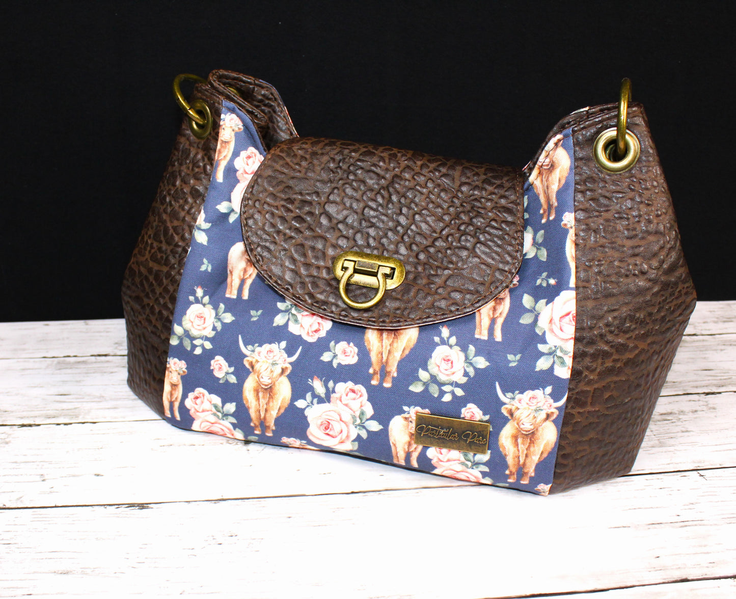 Highland Cow with Pink Roses Designer Handbag - Sequoia Bag Pattern by Shamballa Bag Designs